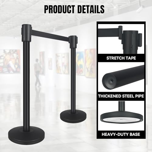 QKA Stainless Steel Stanchion –16.4' Retractable Black Belt(2-Pack)