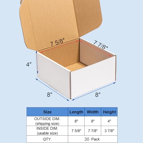 Wowxyz 8x8x4" Shipping Boxes 30 Pack White Corrugated Cardboard Mailing Box - size: 8x8x4"
