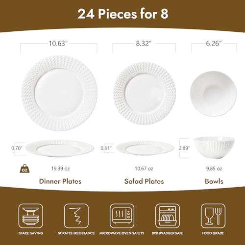 KINGSTONE 24Pc Rhombus Edge White Bone China Set, Service for 8 - color: White-Rhombus, size: service for 8-24pcs