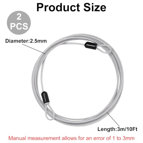 Cable Lock Double Loops 10Ft Long Silver Security Cables, Bike Locks Cables 2.5mm Braided Steel Coated Safety Cable Wire Rope for Luggage, Outdoor, Clothesline (2 Pack) - color: Silver, size: 10Ft (2 Pack)