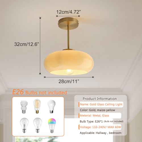 mid Century Ceiling Light Milk Glass Ceiling Light fixtures Glassshade Gold Modern Semi Flush Mount Ceiling Light, Globe Glass Ceiling Lamp Hallway Dining Room Kitchen - color: Milk Yellow