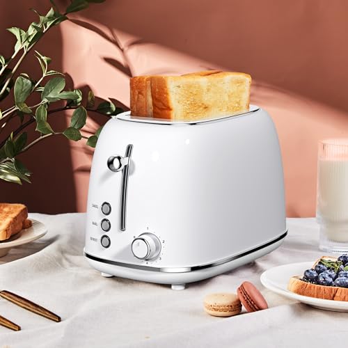 Roter Mond 2 Slice Toaster Retro Stainless Steel with Bagel, Cancel, and Defrost Functions, 6 Bread Shade Settings, Extra Wide Slots and Removable Crumb Tray, White - color: White