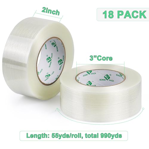 BOMEI PACK 18PACK Fiber Reinforced Packing Tape, 5.5Mil 2Inx 55Yds, Heavy Duty Strapping Tape 2inch - size: 18Rolls (2inch x 55yds)