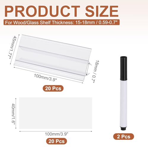 PATIKIL 3.9" x 1.8" Wire Shelf Label Holder, 20 Pack Reusable Plastic Price Tag Display Clip for 0.59" to 0.71" Thick Shelves with Paper Inserts Pens for Home Market Store, Clear - size: 3.9" x 1.8"(0.59-0.71)