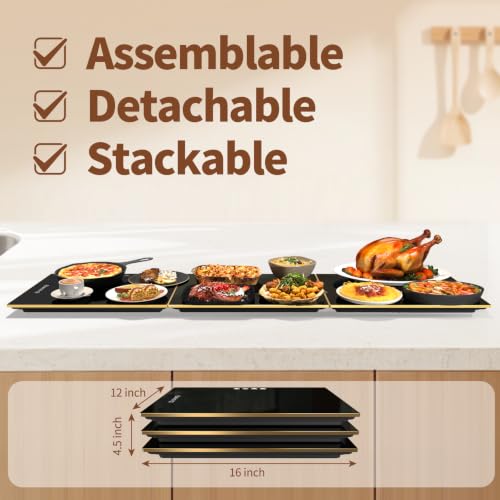 Food Warmers for Parties Buffet, (47"x12") Assemblable Stackable Electric Warming Tray with 8-Level Temperature Adjustment and 8-Hour Timer, Upgraded Desktop-Protecting Food Warming Mat - size: Tri-Plate:47"x12"