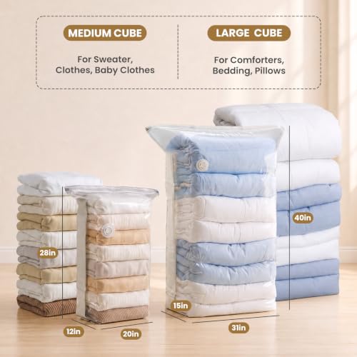 TAILI Cube Vacuum Storage Bags, 8 Pack Combo (3 Jumbo +5 Medium) - color: Cream, size: 8 Combo