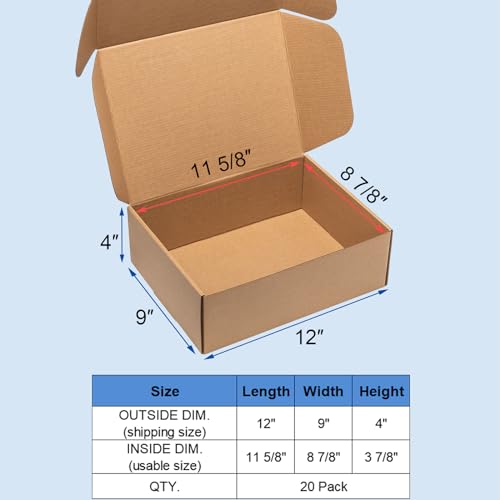 Wowxyz Shipping Boxes 12x9x4 Inches 20 Pack Corrugated Cardboard Brown Box - size: 12x9x4"