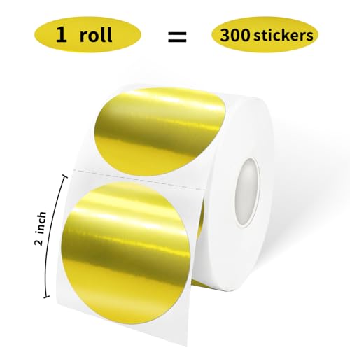 2" Circle Holographic Thermal Label Stickers Gold, Self-Adhesive Circle Direct Thermal Labels, Multi-Purpose Roll Sticker Labels for DIY Logo Design, QR Code, Name Tag( 300 Labels,1 Roll) - color: Gold, size: 2 inch