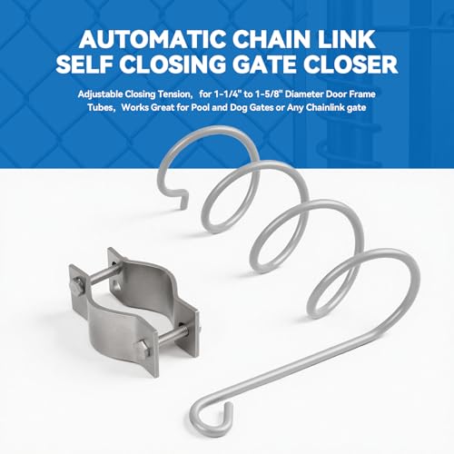 Automatic Chain Link Self Closing gate Closer. Adjustable Closing Tension, for 1-1/4" to 1-5/8" Diameter Door Frame Tubes,Works Great for Pool and Dog Gates or Any Chainlink gate