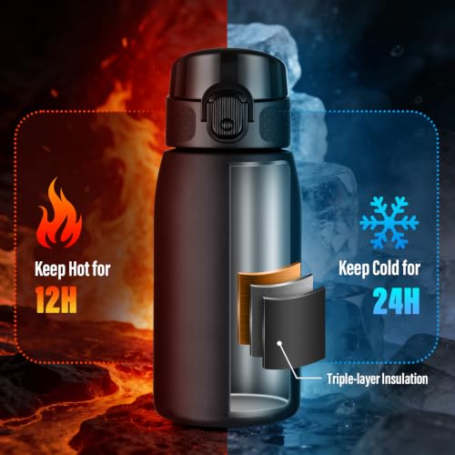 Insulated Water Bottle 12 oz with Dustproof Lid, Carry Handle & Tea Infuser, BPA-Free & Leakproof, Stainless Steel Water Bottles Ideal for Fitness, Hiking, Office & Outdoor Use (Black ) - color: Black, size: 12 Ounces