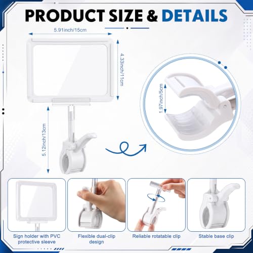 Maitys 12 Pack White Acrylic Clip on Sign Holder with Clamp Double Head Display Clips with PVC Card Protector A6 Rotating Sign Price Tag Clip on Display for Handrails Clothing Rack Booth