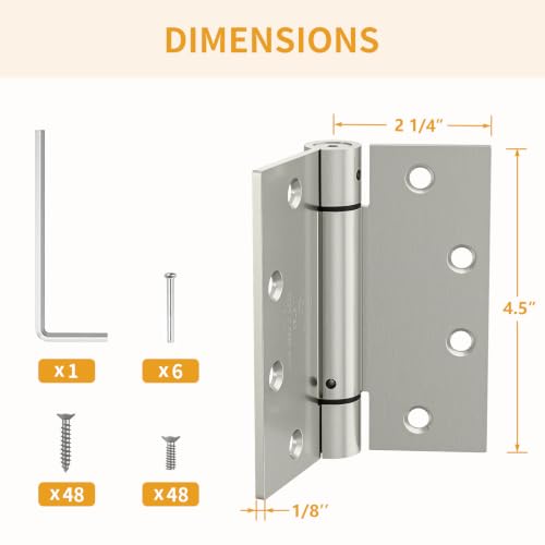 6 Pack Self Closing Door Hinges, 4.5" x 4.5" Spring Loaded Hinges with Square Corners, Adjustable Tension for Garage, Front Door, Back Door, for Left and Right Hand Door, UL Listed - color: Brushed Nickel-square, size: 4.5" 6 Pack