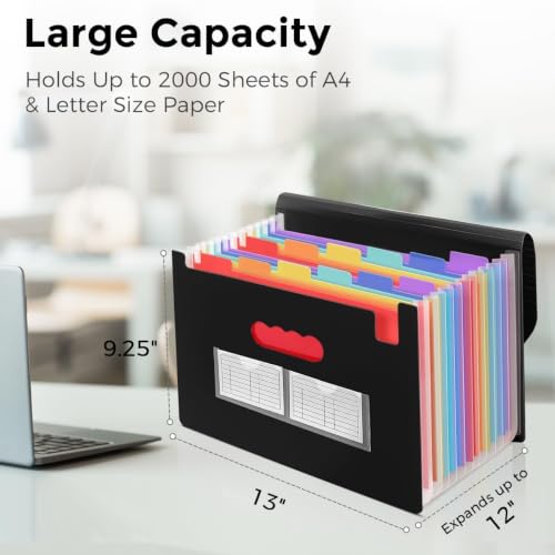 SKYDUE Accordion File Organizer, Expanding File Folder with 13 Pockets, Portable Document Paper Bill Receipt Organizer, School Office Supplies, Letter A4 Size Black - color: Black-red