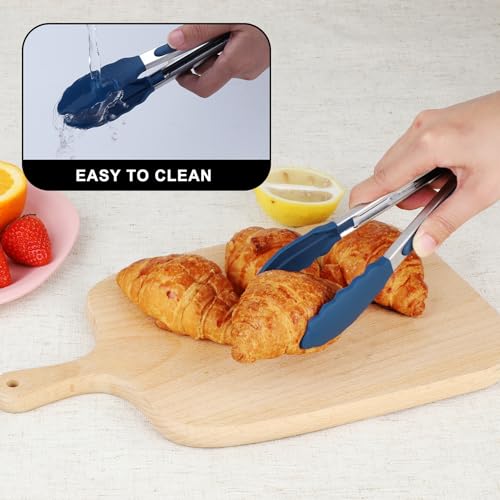 HOTEC Small Silicone Kitchen Tongs 7-Inch Mini Serving Tongs, Set of 3 - color: Classic Blue