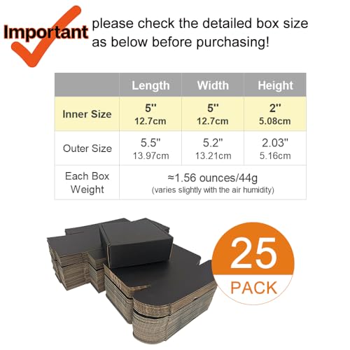 5x5x2'' Small Shipping Boxes 25 Pack, Black Corrugated Cardboard Mailers for Small Business, (CM552B25) - color: Black-25 Pack, size: 5x5x2''