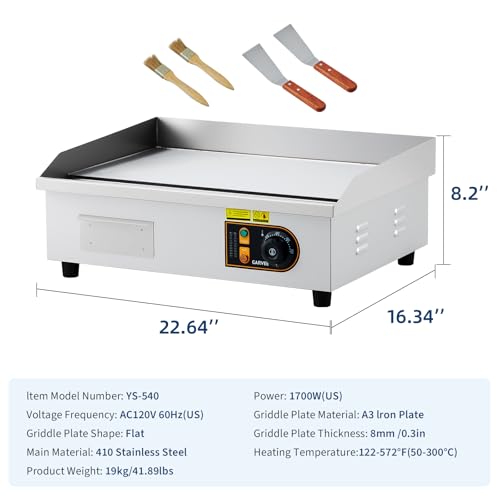 Commercial 22-Inch Electric Griddle, 1700W Stainless Steel Flat Top Grill - size: 22inch