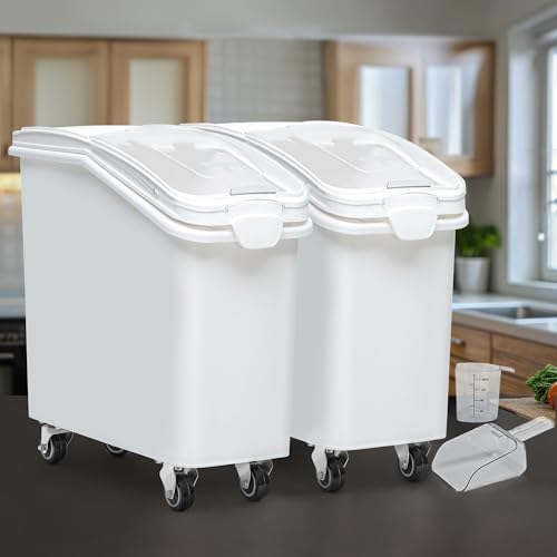 YITAHOME Commercial Rice Container Set of 2, Large Ingredient Storage Bin with Wheels, Lid, Cups & Scoop for Kitchen/Restaurant, 21 & 27 Gallon Bulk Flour Bin, White