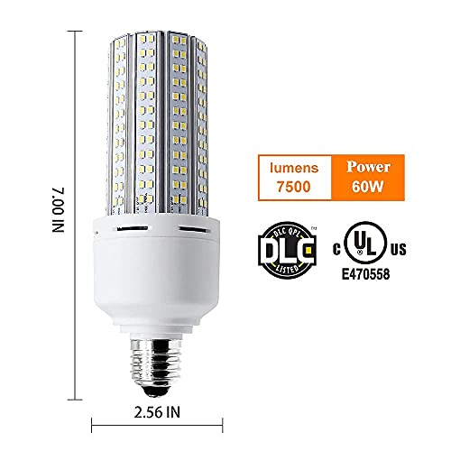 2 Pack LED Corn Light 600W Equivalent LED Corn Bulb 7500 Lumen 60W Large Area Cool Daylight White E26/E27 Medium Base for Garage Backyard Bedroom Warehouse Factory Workshop Street