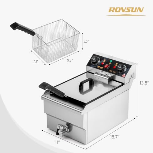 ROVSUN 12.5QT Electric Deep Fryer, 1700W Commercial Deep Fryer with Basket, Drain, 60-Min Timer, Overheat Protection, Temp Control & Baskets, Stainless Steel Countertop Fryer for Restaurant - size: Single Fryer with Timer & Drain-12.5QT
