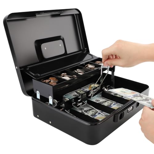 Cash Box with Snap-Latch Combo Lock & Money Tray, Spill-Proof Sliding Coin Lid Design, Durable Metal Money Box, Safe Storage for Home & Small Business, 11.8" x 9.5" x 3.5", SnCmb-Black - color: SnCmb-Black
