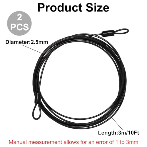 Cable Lock Double Loops 10Ft Long Black Security Cables, Bike Locks Cables 2.5mm Braided Steel Coated Safety Cable Wire Rope for Luggage, Outdoor, Clothesline (2 Pack) - color: Black, size: 10Ft (2 Pack)
