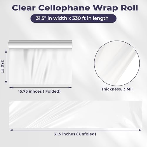 GcFoir Clear Cellophane Wrap Roll 34.5" Wide x 330 Ft Long, 3 Mil ThickPlastic Transparent Cello Wrapping Paper for Gift Baskets, Flower Bouquets, Large Cellophane Sheets for Arts & Crafts Food Safe - color: Clear, size: 34.5" x 330 ft