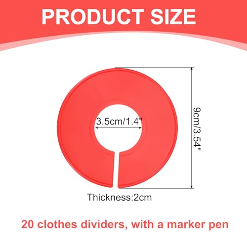 uxcell Clothes Dividers,20 Pack Round Closet Rack Dividers Clothing Rack Size Dividers Blank Labels with Marker Pen Writable & Reusable for Hanging Clothes Sorting Size, Red - color: Red