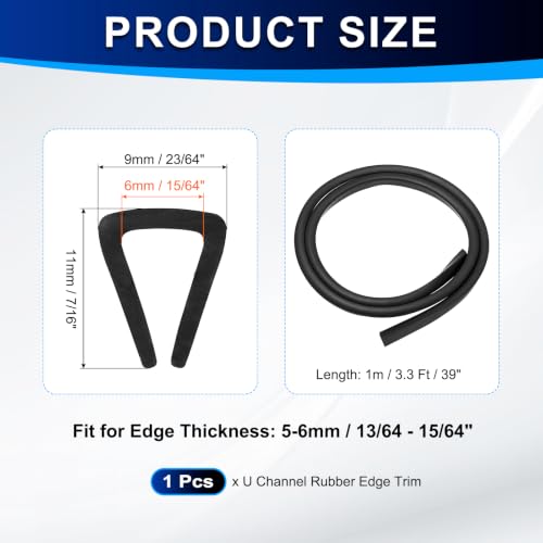 PATIKIL U Channel Rubber Edge Trim 3.3Ft Long for 13/64"–15/64" Thick Edge - size: 3.3Ft L x 23/64" W, 15/64" Slot