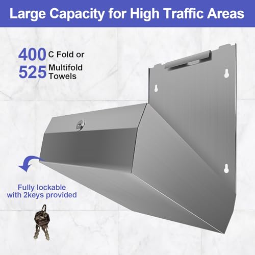 Stardrix Paper Towel Dispenser Wall Mount, Brushed Stainless Steel Commercial Paper Towel Holder with Lock, Large Capacity 400 C Fold/525 Multifold Towels (Pack of 8) - color: Brushed, size: 400 C Fold/525 Multi-Fold with Lock (Pack of 8)