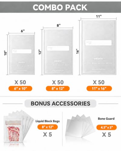 Wevac Vacuum Sealer Bags 150 Gallon 11x16", Quart 8x12", 6x10" for Food - size: 11" x 16" & 8" x 12" & 6" x 10" 150 count