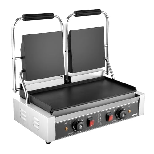 VEVOR Commercial Panini Grill, 3600W Electric Sandwich Panini Maker, Stainless Steel Double Sandwichs Press with Handle and Temp Control, 19x9 in Full Flat Enamel Plate, for Hamburger Steak Bacon