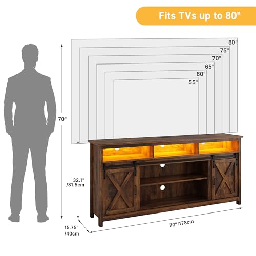 Vinctik 6&Fox 70in Wooden Farmhouse Entertainment Center for 80/75 inch TV,Double Layer Storage Farmhouse TV Stand,Double-Row Sockets with Wood Sliding Barn Door TV Stand(Double Layer Vintage Brown) - color: Double Layer Vintage Brown, size: 70in