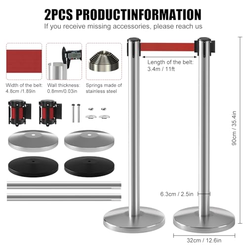 kaiyomi 2 Pack Stanchions with Retractable Barriers 11 Feet Belts (Silver) - color: Silver