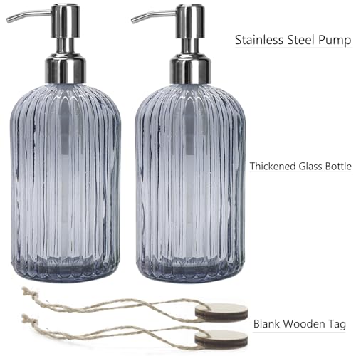 Grey Glass Soap Dispenser 18 oz, 2 Pack Hand Dish Soap Dispensers Bathroom with Stainless Steel Pump, Refillable Kitchen Liquid Decorative Bottles for Hand Sanitizer, Lotion - color: Grey X 2