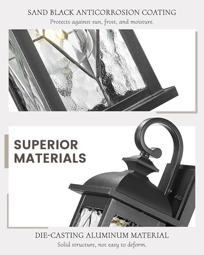 FEMILA 15" Exterior Wall Sconce, 2-Pack Outdoor Waterproof Wall Lights Fixture, Anti-Rust Matte Black Finish with Water Ripple Glass,4FD54B-2PK BK-SD - color: Matte Black, Lozenge Pattern, size: 15", 2 Pack