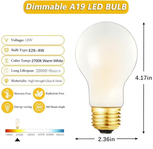E26 Dimmable LED Bulb 40W Frosted Light bulb,A19 Vintage Edison Bulb,2700K - size: T-4W-2700K