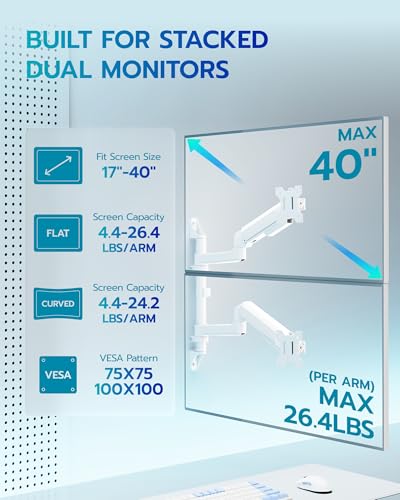 ARES WING 17-40 Inch Ultrawide Vertical Dual Monitor Wall Mount, White - color: White, size: Dual Monitor Arm