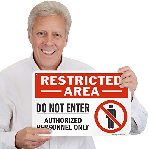 SmartSign 12 x 18 inch “Restricted Area - Do Not Enter, Authorized Personnel Only” Metal Sign with Symbol, 63 mil Laminated Rustproof Aluminum, Red, White and Black, Made in USA - style: 12" x 18" - Aluminum