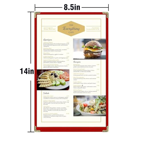 Goodsmart Restaurant Menu Covers – 25 Pack Red 2-View, Top-Loading Menu Holders, Vinyl & Plastic Café Menu Covers, Clear Menu Sleeves, Fits 8.5" x 14", Leather-Style Design, Gold Corners - color: Red, size: 1 Page / 2 Views - 8.5" x 14"