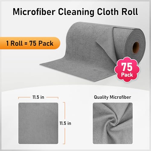 Microfiber Cleaning Cloth Roll, 75 Pack Tear Away Microfiber Towels, Reusable Washable Shop Towels, Lint Free Cleaning Rags for Car, Home, Garage & Workshop 11.5"x11.5" Grey - color: Grey, size: 75