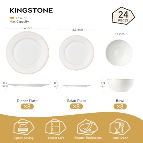 KINGSTONE 24Pcs Gold Trim White Bone China Set, Service for 8 - color: White-gold trim, size: service for 8-24pcs