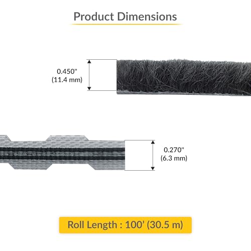 Brixwell Zipper Pile Weatherstrip - 100' Roll, 0.450" Pile Height, Gray Finish, Zipper Weatherization Seal for Windows & Doors, Weatherstrip Replacement, Door and Window Seal - style: 0.450" (11.4mm)