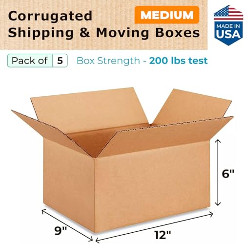 Medium Moving & Shipping Boxes 12 x 9 x 6 inches (5-Pack) - Extra Strength 200 lb vs Regular - Corrugated Medium Moving Box, Made in USA - Packaging Box by IDL Packaging - size: 12 * 9 * 6" (Medium Boxes)