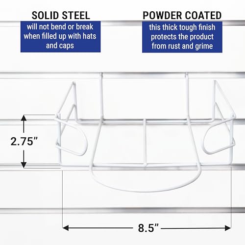Slatwall Hat Display Rack for Fitted, Snapback, Unstructured & Ball Caps – Black, Chrome or White (Quantity 2) (2, White)