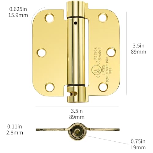 Sophia Self-Closing Door Hinge 3.5 Inch Rounded 5/8 Radius Interior, Spring Loaded Hinge Adjustable Tension for Garage Residential Standard Bedroom Indoor Doors, 2 Pack, Polished Brass, UL Listed - color: Polished Brass, size: 2 Pack