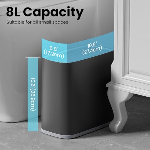 Small Bathroom Trash Can with Lid and Wheels, 8L / 2.1 Gal, Plastic, Gray - color: Grey, size: 8L/2.1Gal