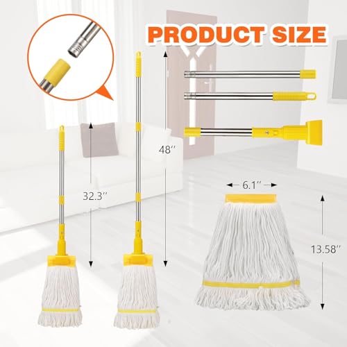 Heavy Duty Commercial Clip Mop with 48" Long Handle – Industrial Cotton Wet Mop for Floor Cleaning, Home, Kitchen, Office, Garage, Concrete & Tile Floors