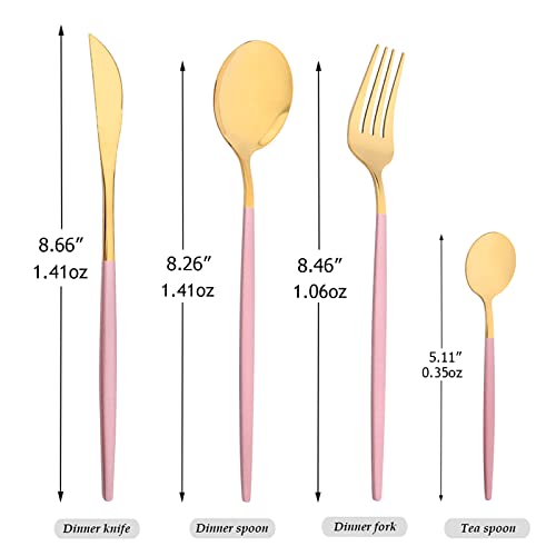 Mirror Cutlery Serving Set, 24-piece 18/0 Stainless Steel Silverware With Pink Handle Simple & Modern Tableware For Home Party Restaurant Christmas Dinner, Service For 6 (Pink Gold) - color: Pink gold