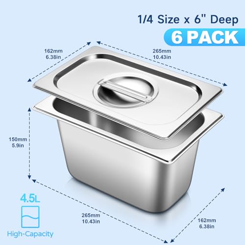 Hotel Pans With Lids 1/4 Quarter Size 6 Inch Stainless Steel Food Pans - color: 1/4 Size, size: 6" Deep