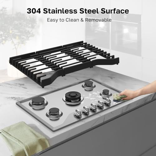 ThermoMate Heavy 30 Inch Gas Cooktop with 5 Italy Sabaf Power Burners, Built In Stove Top of 304 Stainless Steel, Gas Hob NG/LPG Convertible, Thermocouple Protection CSA Certified - size: 30 inch 5 burners